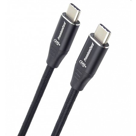 PremiumCord Kábel USB-C M/M, 5A, 240W 480Mbps cierny bavlnený oplet, 0,5m
