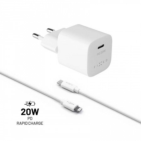FIXED Mini Set sieťovej nabíjačky s USB-C výstupom a USB-C / Lightning kábla, podpora PD, 1 meter, MFI, 20W, biely