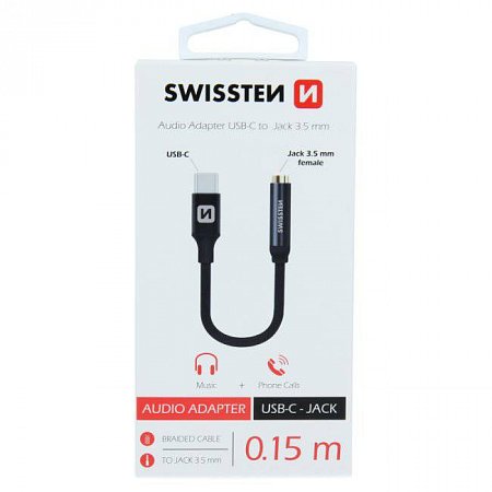 Swissten Audio Adapter Textile USB-C/Jack 0.15m, black
