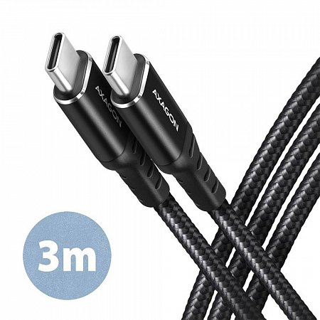 AXAGON BUCM-CM30AB, HQ kábel USB-C <-> USB-C, 3 m, USB 2.0, PD 60W 3A, ALU, opletenie, čierny