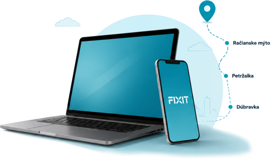 Notebook, mobil a mapa pobočiek FixIT v Bratislave